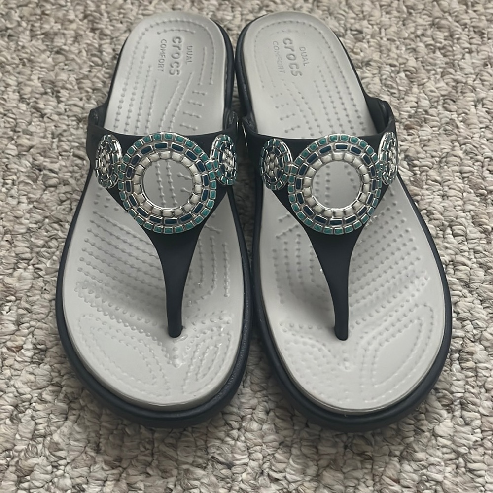 Navy blue croc flip flops